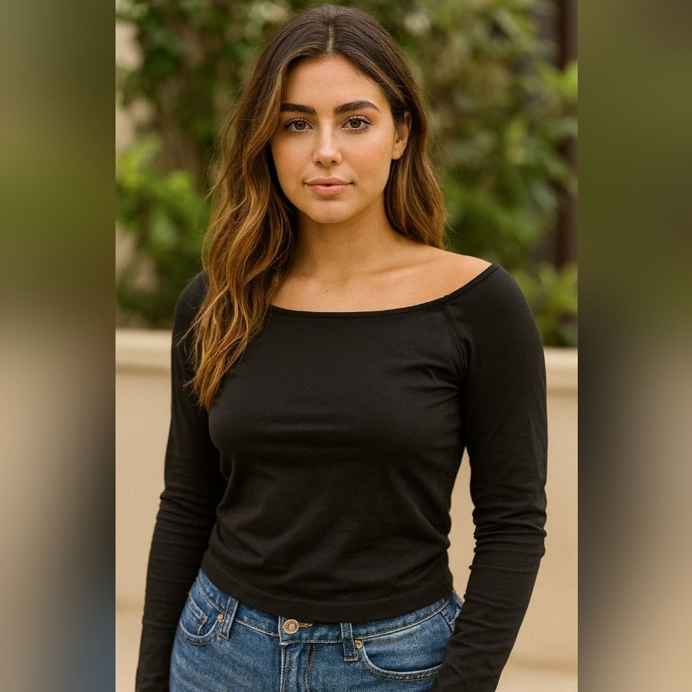 Moa Moa Black Off Shoulder L/S Top L/XL Y2K Stretchy Stretch Form Fitting